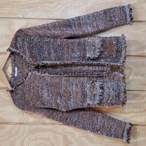 Sioni Cardigan Fringe Brown Sequin Long Sleeve Blazer Jacket Size L